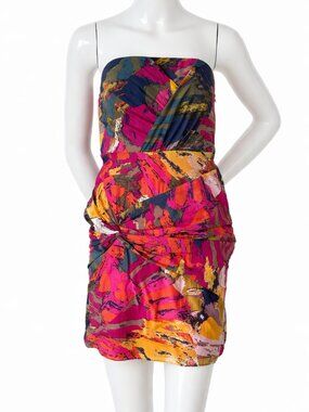 DVF Strapless Cotton Dress Bright Abstract Print Mini Dress Size S